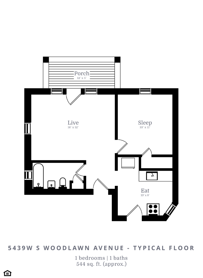 Floor plan for 1 bed, 1 bath, 544 sqft